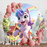 Aperturee - Aperturee Cartoon Unicorn Rainbow Dots Round Birthday Backdrop